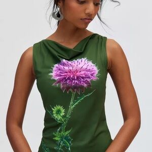 Floral Green Tank Top with Pink Thistle Design